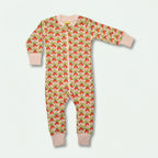 Children's onesie with strawberry pattern on a white background