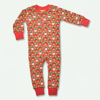Children's onesie with red background and pink and green pattern on a white background
