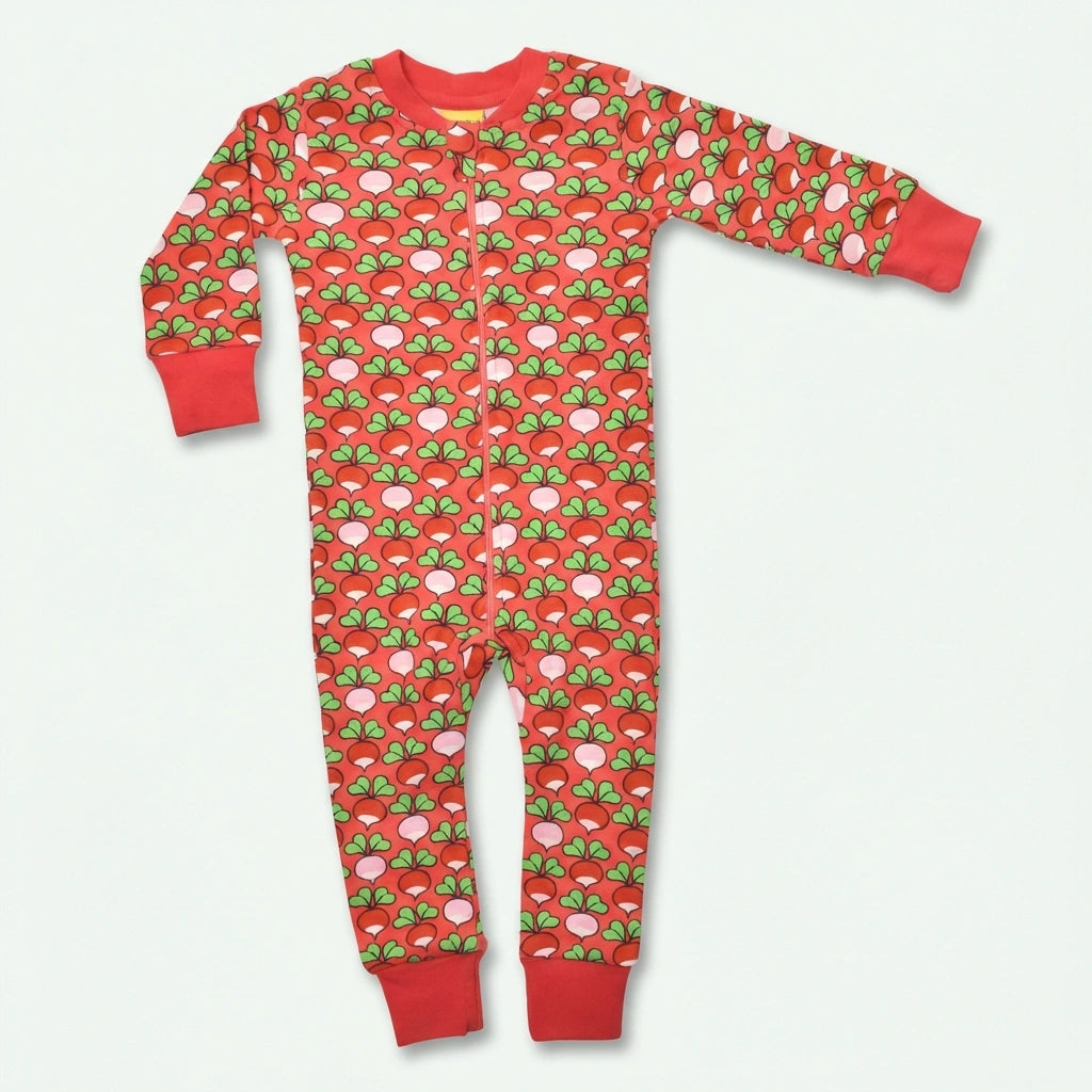 Children's onesie with red background and pink and green pattern on a white background