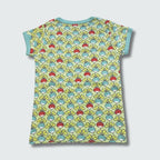 Organic multi radish print kidswear top in green ash with capri blue trim, DUNS Sweden – organic kidswear, infant shirts