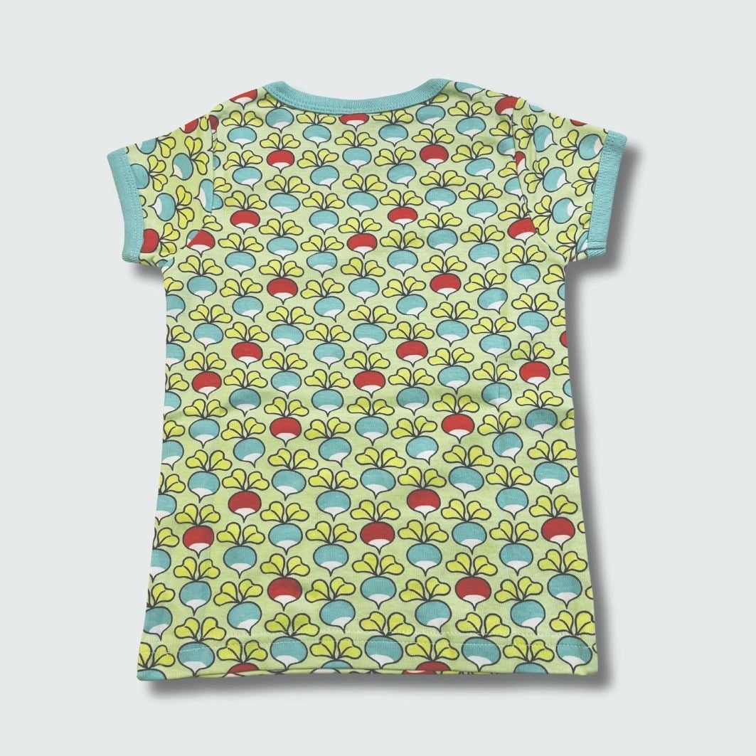 Organic multi radish print kidswear top in green ash with capri blue trim, DUNS Sweden – organic kidswear, infant shirts