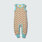 Organic radish print romper suit dungaree in blue glow with capri blue trim, DUNS Sweden – rompers suit, organic baby clothes