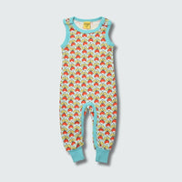Organic radish print romper suit dungaree in blue glow with capri blue trim, DUNS Sweden – rompers suit, organic baby clothes