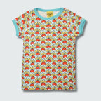 Organic radish print short sleeve top in blue glow with capri blue trim, DUNS Sweden – organic infant clothes, infant shirts