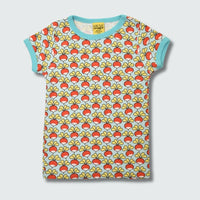 Organic radish print short sleeve top in blue glow with capri blue trim, DUNS Sweden – organic infant clothes, infant shirts