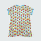 Radish print short sleeve top styled with matching toddler dress, in blue glow with capri blue trim, DUNS Sweden – toddler dress, organic infant clothes