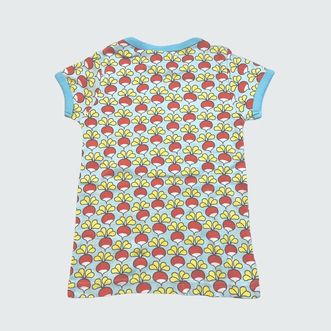 Radish print short sleeve top styled with matching toddler dress, in blue glow with capri blue trim, DUNS Sweden – toddler dress, organic infant clothes