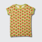 T-shirt with red mushroom pattern on a light green background