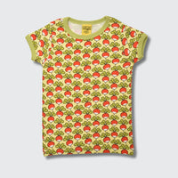 T-shirt with red mushroom pattern on a light green background