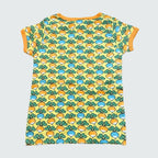 Multi radish print short sleeve top styled with matching toddler dress, in yellow cream with radiant yellow trim, DUNS Sweden – toddler dress, organic infant clothes