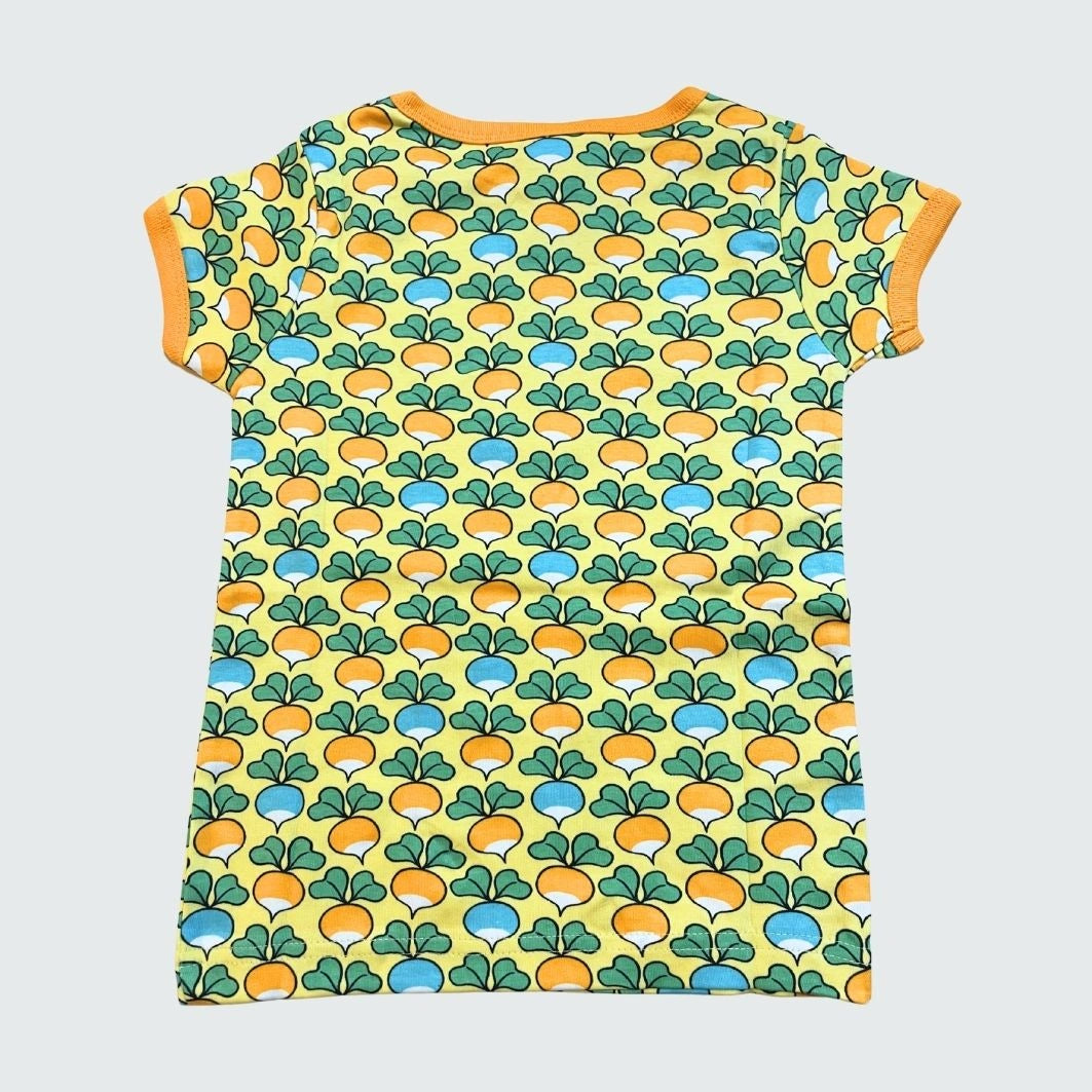 Multi radish print short sleeve top styled with matching toddler dress, in yellow cream with radiant yellow trim, DUNS Sweden – toddler dress, organic infant clothes