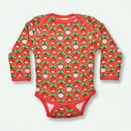 Red baby onesie with green and pink pattern on a white background