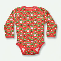 Red baby onesie with green and pink pattern on a white background