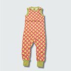 Organic clover print romper dungaree in hot pink with bright chartreuse green trim, DUNS Sweden – organic baby clothes, rompers suit