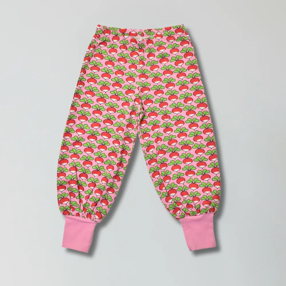 Lilac chiffon radish print organic cotton baggy pants for babies and toddlers — Baby Goes Retro