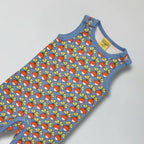 Children's sleeveless dungarees with radish pattern on a light gray background