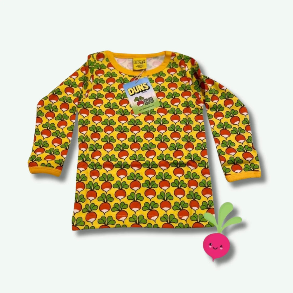 Children's long-sleeve shirt with radish pattern on a white background