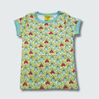 Multi radish print organic kidswear shirt in green ash with capri blue trim, DUNS Sweden – organic kidswear, infant shirts