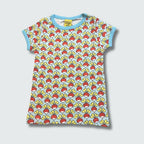 Radish print organic kidswear top in blue glow with capri blue trim, DUNS Sweden – organic kidswear, infant shirts