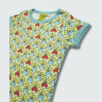 Multi radish print organic kidswear top in green ash with capri blue trim, DUNS Sweden – organic kidswear, kidswear