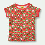 Red t-shirt with a pattern of green leaves and pink radish on a white background