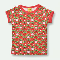 Red t-shirt with a pattern of green leaves and pink radish on a white background