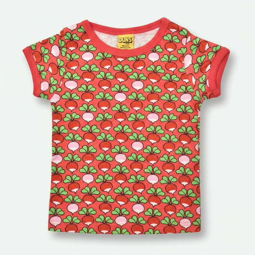 Red t-shirt with a pattern of green leaves and pink radish on a white background