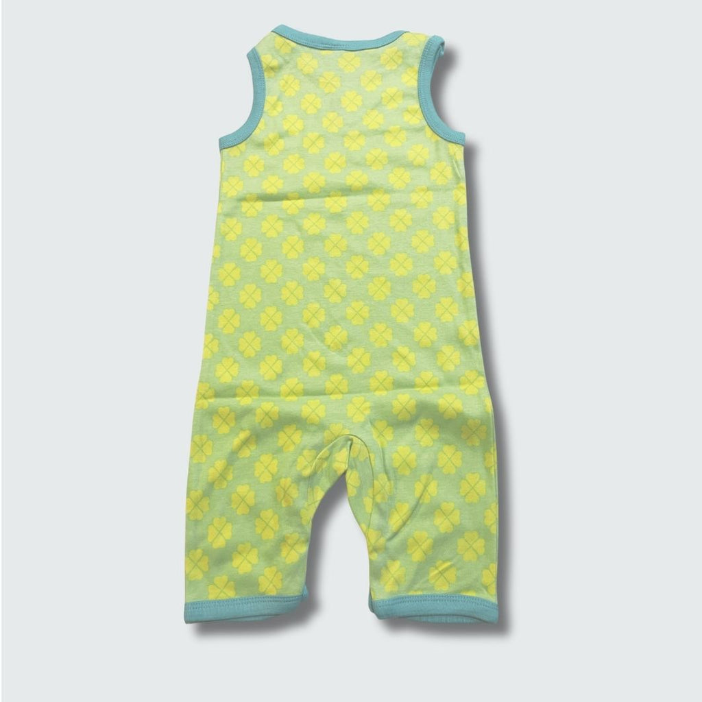 Clover print play suit romper in green ash with capri blue trim, DUNS Sweden – rompers suit, infant clothes unisex