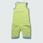 Clover print play suit romper in green ash with capri blue trim, DUNS Sweden – rompers suit, infant clothes unisex