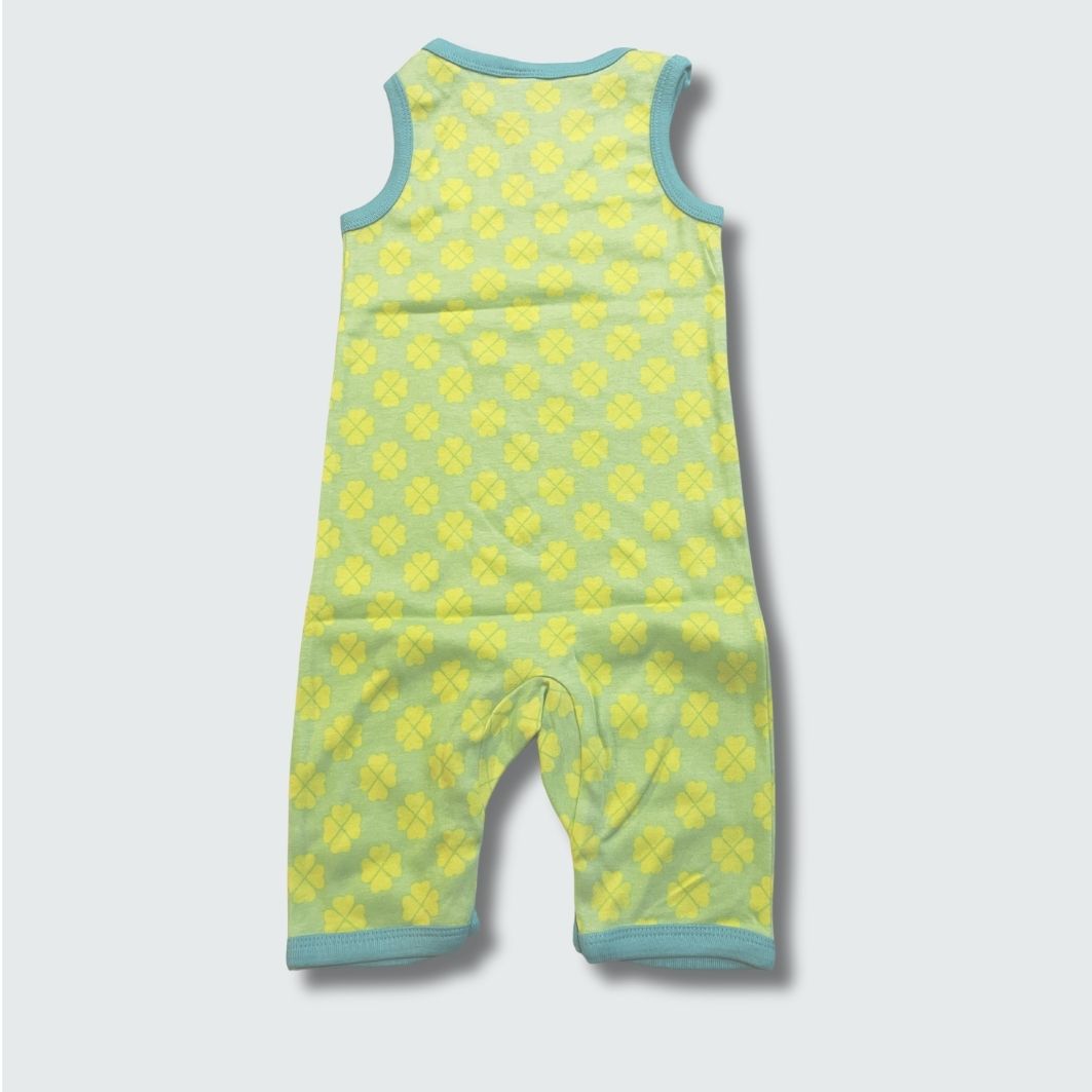Clover print play suit romper in green ash with capri blue trim, DUNS Sweden – rompers suit, infant clothes unisex