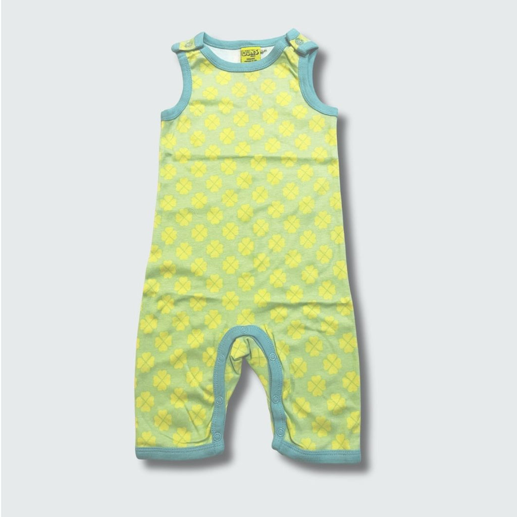 Clover print play suit romper in green ash with capri blue trim, DUNS Sweden – rompers suit, infant clothes unisex