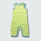Clover print play suit romper in green ash with capri blue trim, DUNS Sweden – rompers suit, infant clothes unisex