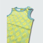 Clover print play suit romper in green ash with capri blue trim, DUNS Sweden – rompers suit, infant clothes unisex