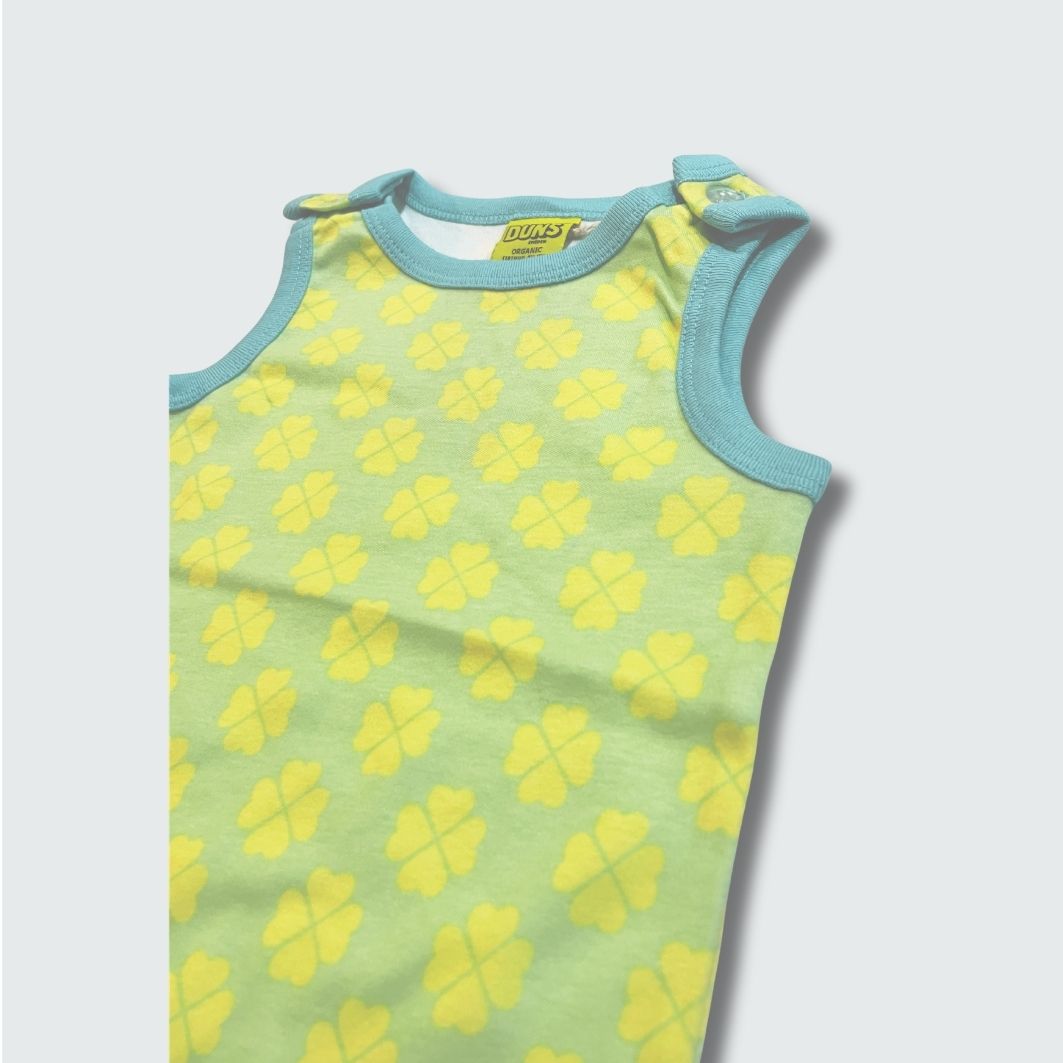 Clover print play suit romper in green ash with capri blue trim, DUNS Sweden – rompers suit, infant clothes unisex