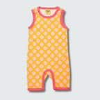 Clover print play suit romper in radiant yellow with hot pink trim, DUNS Sweden – rompers suit, infant clothes unisex