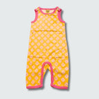 Clover print play suit romper in radiant yellow with hot pink trim, DUNS Sweden – rompers suit, infant clothes unisex