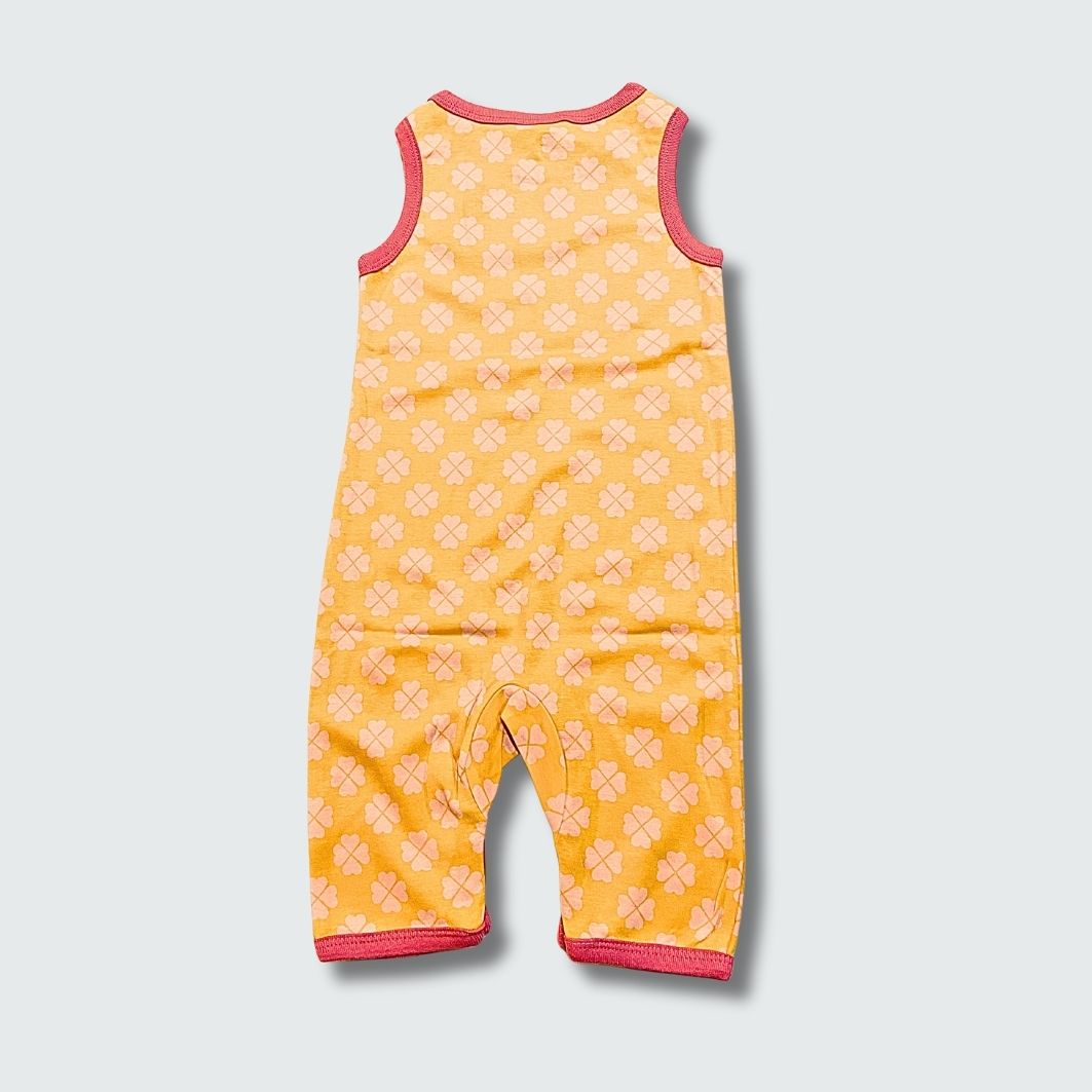 Clover print play suit romper in radiant yellow with hot pink trim, DUNS Sweden – rompers suit, infant clothes unisex