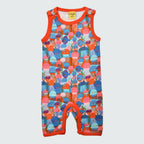 Jellyfish print play suit romper in blue with orange trim, DUNS Sweden – rompers suit, infant clothes unisex