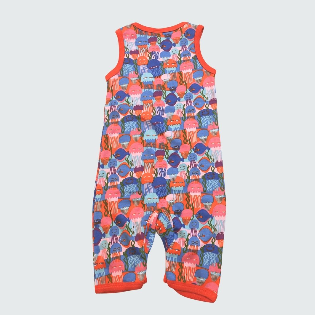 Jellyfish print play suit romper in blue with orange trim, DUNS Sweden – rompers suit, infant clothes unisex