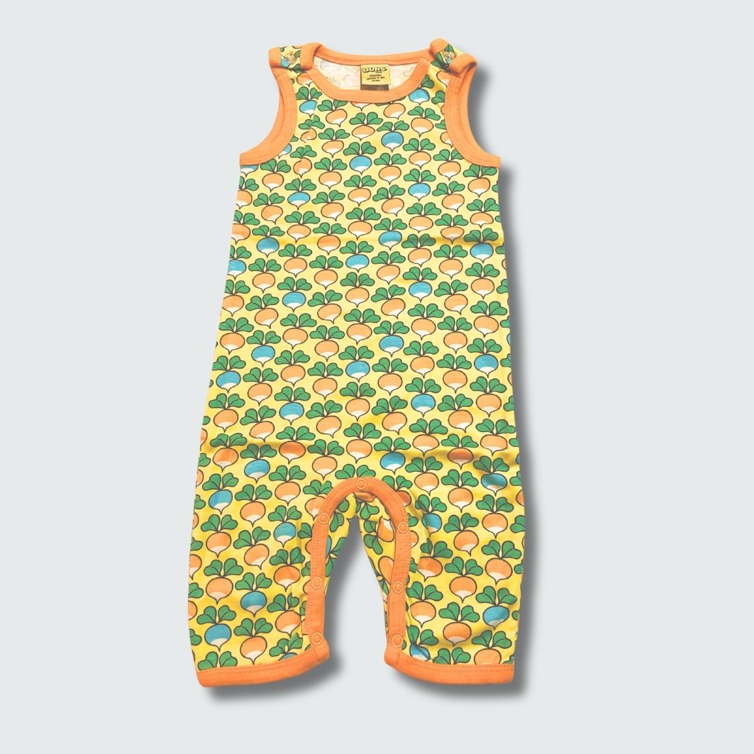Multi radish print play suit romper in yellow cream with radiant yellow trim, DUNS Sweden – rompers suit, infant clothes unisex