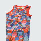Jellyfish print play suit romper in blue with orange trim, DUNS Sweden – rompers suit, infant clothes unisex