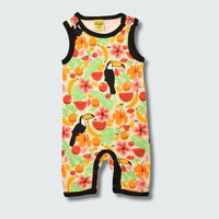 Toucan print play suit romper in vanilla custard with black trim, DUNS Sweden – rompers suit, infant clothes unisex