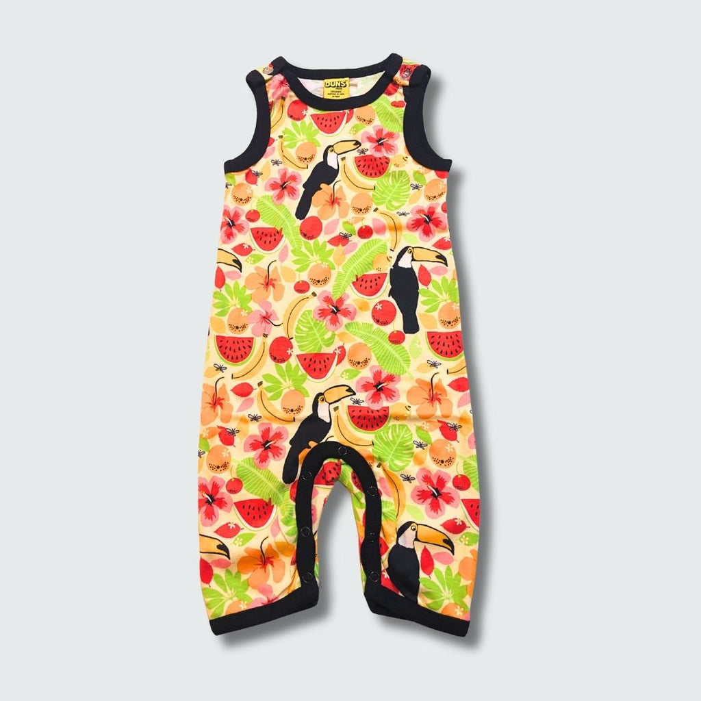 Toucan print play suit romper in vanilla custard with black trim, DUNS Sweden – rompers suit, infant clothes unisex