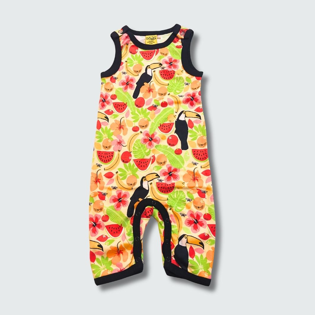 Toucan print play suit romper in vanilla custard with black trim, DUNS Sweden – rompers suit, infant clothes unisex