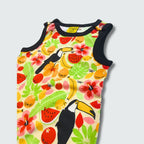 Toucan print play suit romper in vanilla custard with black trim, DUNS Sweden – rompers suit, infant clothes unisex