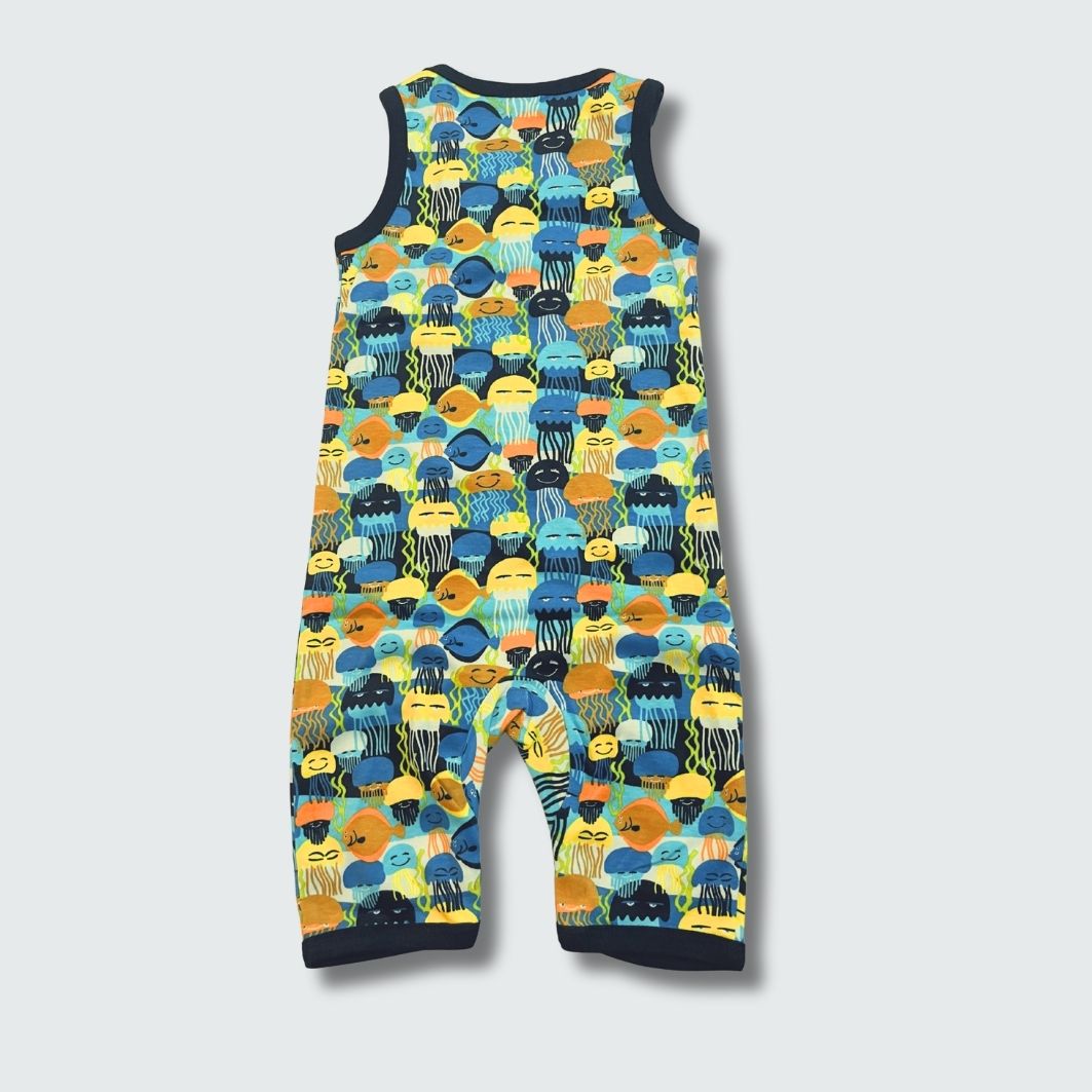 Jellyfish print play suit romper in black with black trim, DUNS Sweden – rompers suit, infant clothes unisex