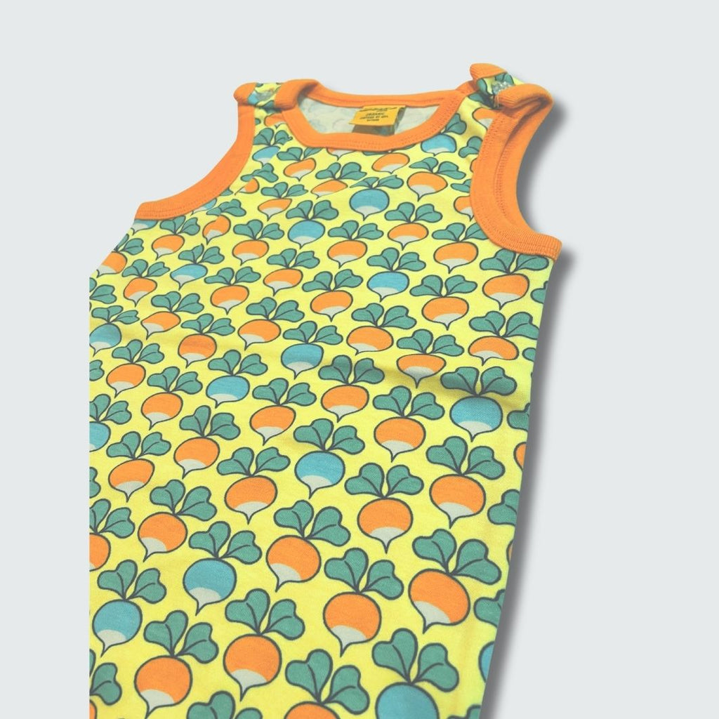 Multi radish print play suit romper in yellow cream with radiant yellow trim, DUNS Sweden – rompers suit, infant clothes unisex