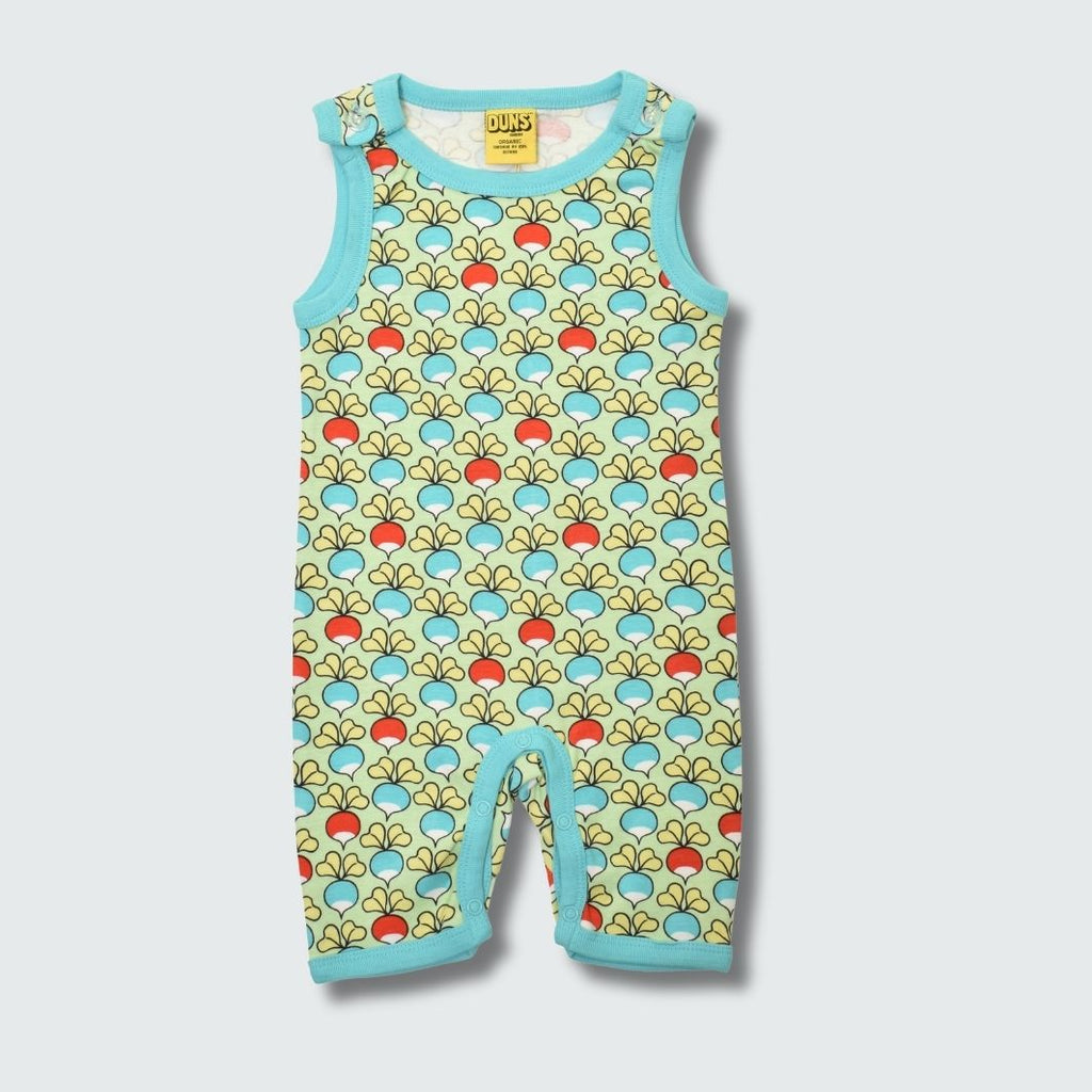Multi radish print play suit romper in green ash with capri blue trim, DUNS Sweden – rompers suit, infant clothes unisex