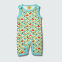 Multi radish print play suit romper in green ash with capri blue trim, DUNS Sweden – rompers suit, infant clothes unisex