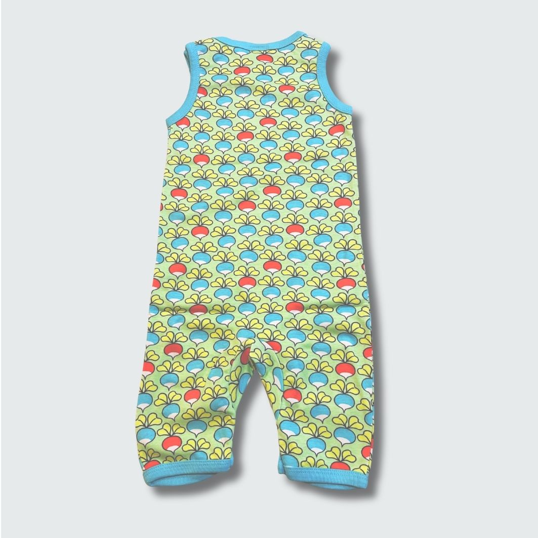Multi radish print play suit romper in green ash with capri blue trim, DUNS Sweden – rompers suit, infant clothes unisex